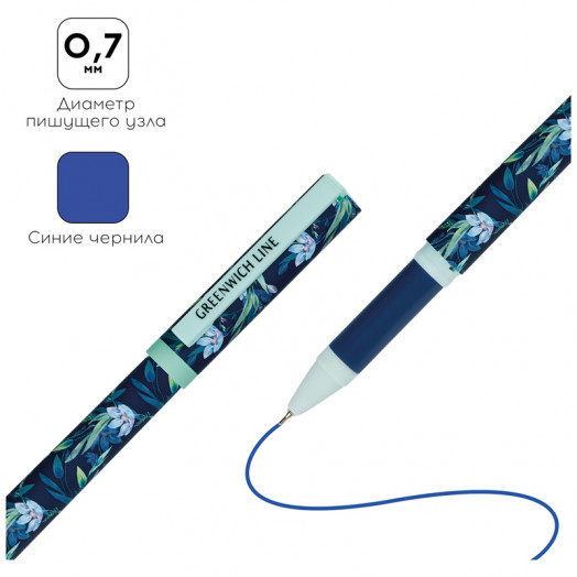 Ручка шариковая Greenwich Line "Blue flowers" синяя, 0,7мм, игольчатый стержень, грип, софт-тач