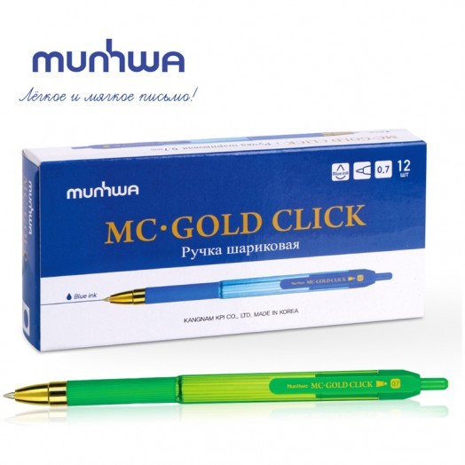 Ручка шариковая автоматическая MunHwa "MC Gold Click" синяя, 0,7мм, грип, штрих-код, корпус ассорти