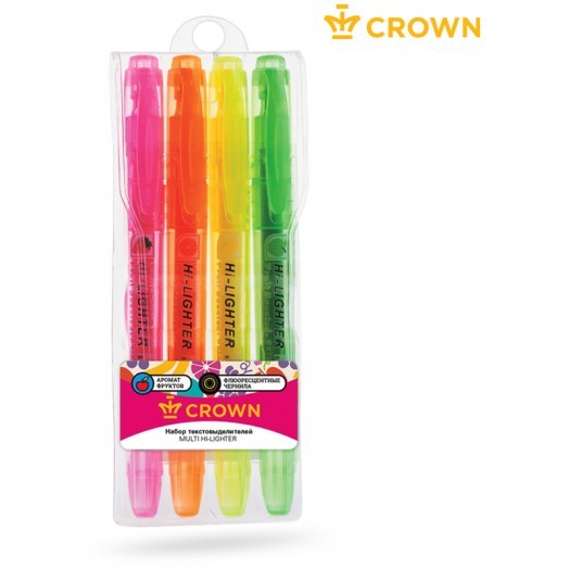 Набор текстовыделителей Crown "Multi Hi-Lighter Aroma" 4цв., 1-4мм, ароматиз., чехол с европодвесом