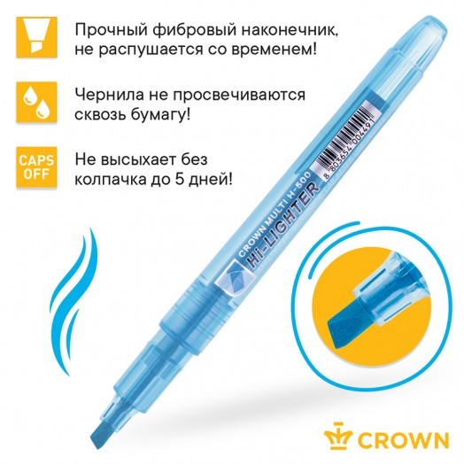 Набор текстовыделителей Crown "Multi Hi-Lighter" 6цв., 1-4мм, чехол с европодвесом