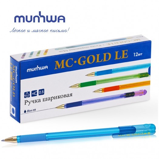 Ручка шариковая MunHwa "MC Gold LE" синяя, 0,5мм, грип, штрих-код, корпус ассорти